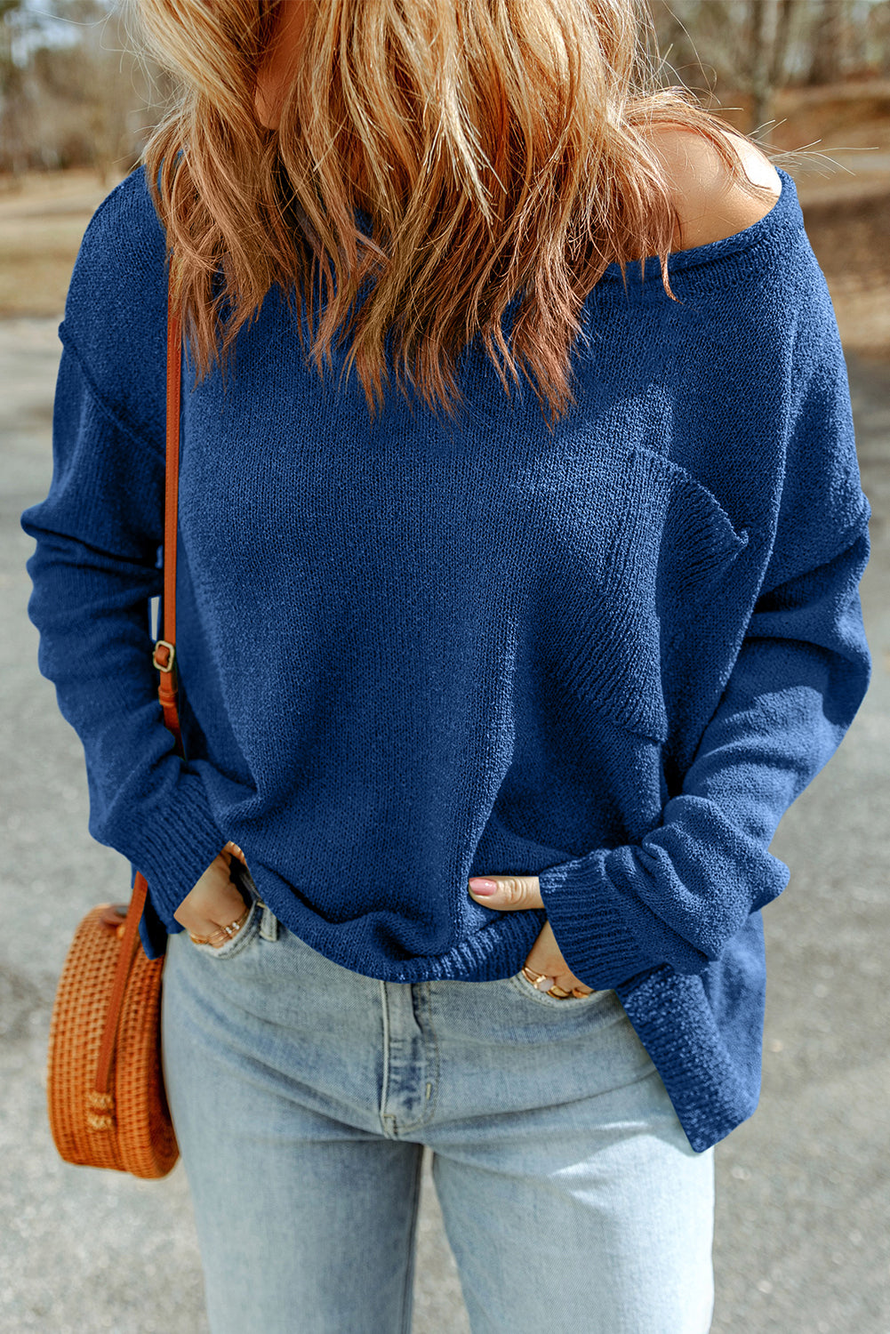 Solid Color Off Shoulder Rib Knit Sweater with Pocket