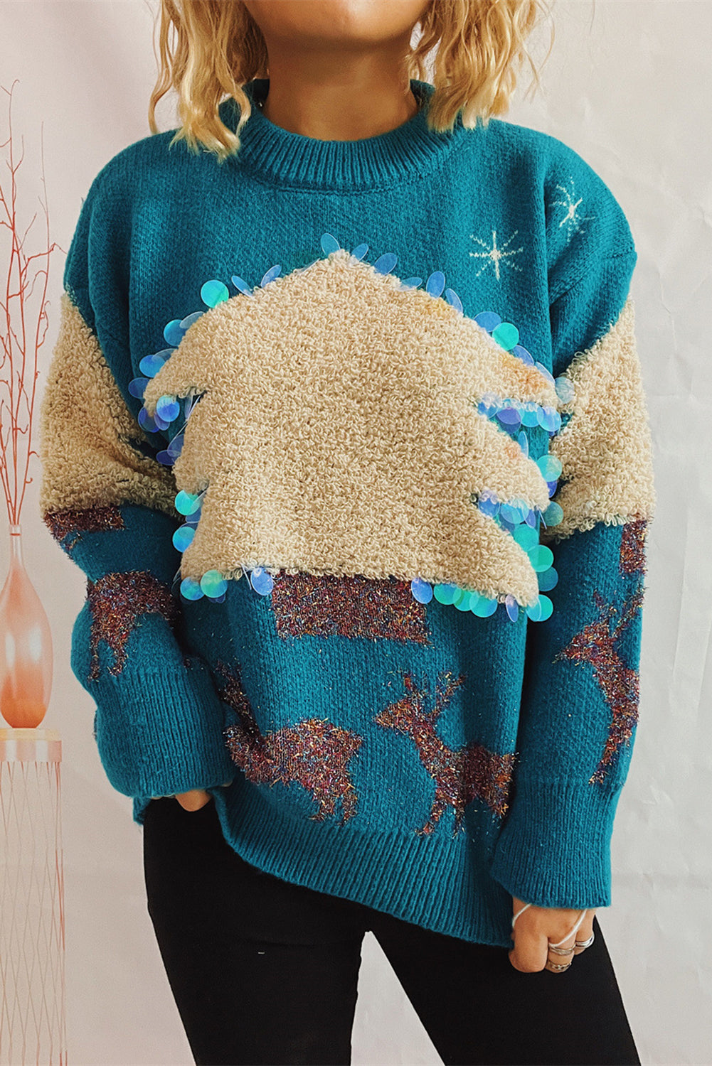 Sequin Fuzzy Christmas Tree Tinsel Elk Drop Shoulder Sweater