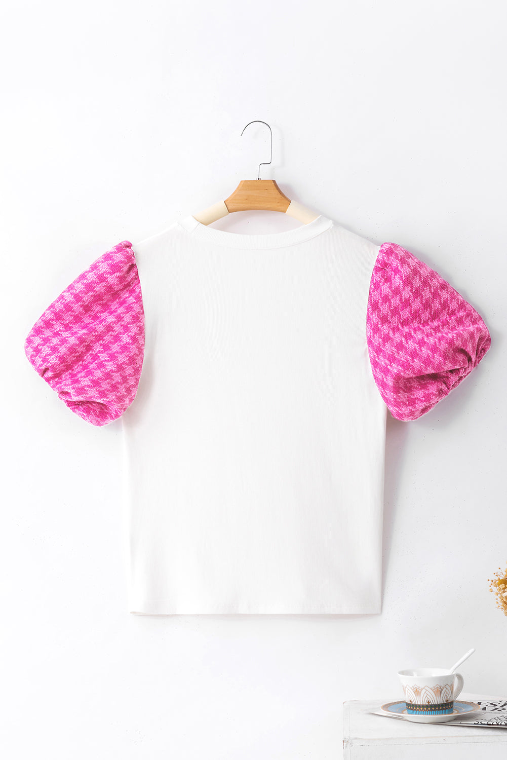 Contrast Tweed Puff Sleeve Top