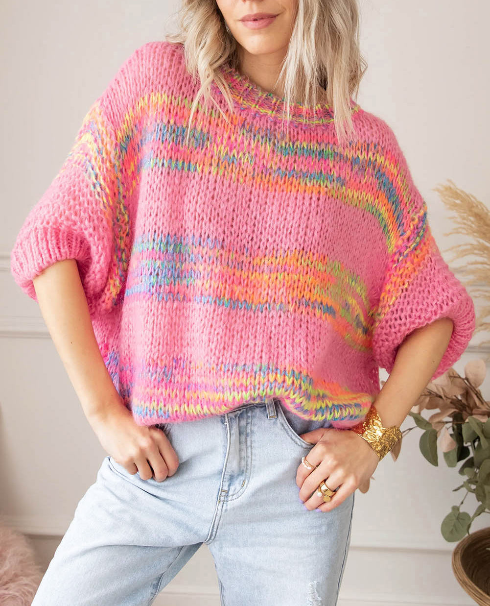 Colorful Stripes 3/4 Sleeve Loose Sweater