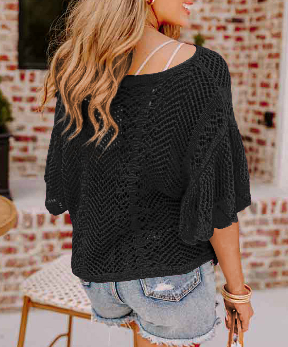 Pointelle Knit Scallop Edge Short Sleeve Top