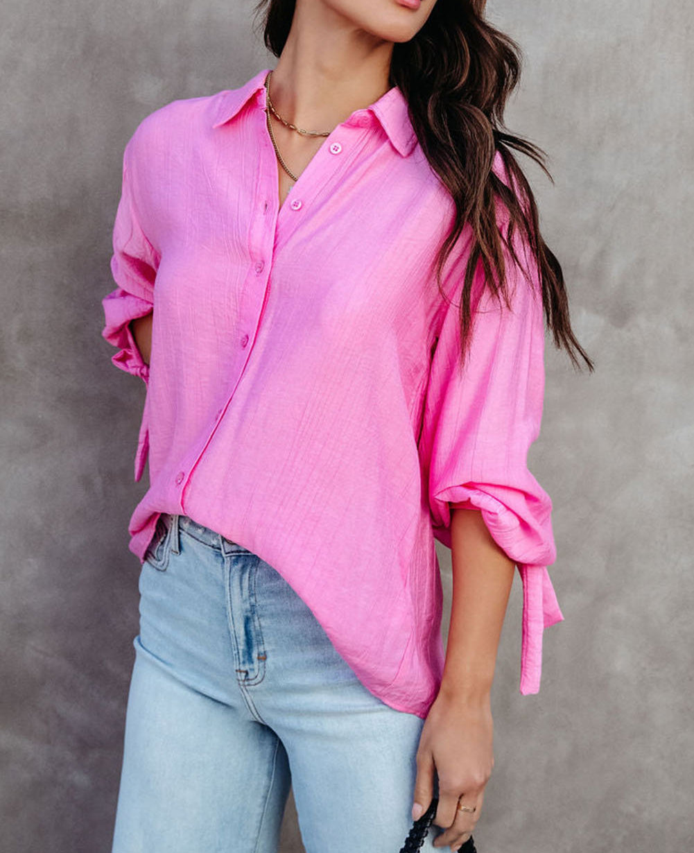 Split Back Tie Knot Buttoned Long Sleeve Shirt
