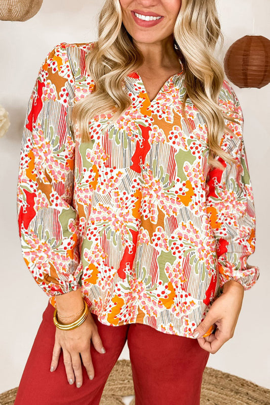 Printed Floral Abstract Print Frilled V Neck Plus Size Blouse
