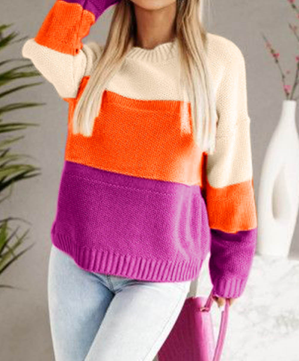 Color Block Drop Shoulder Round Neck Knit Sweater
