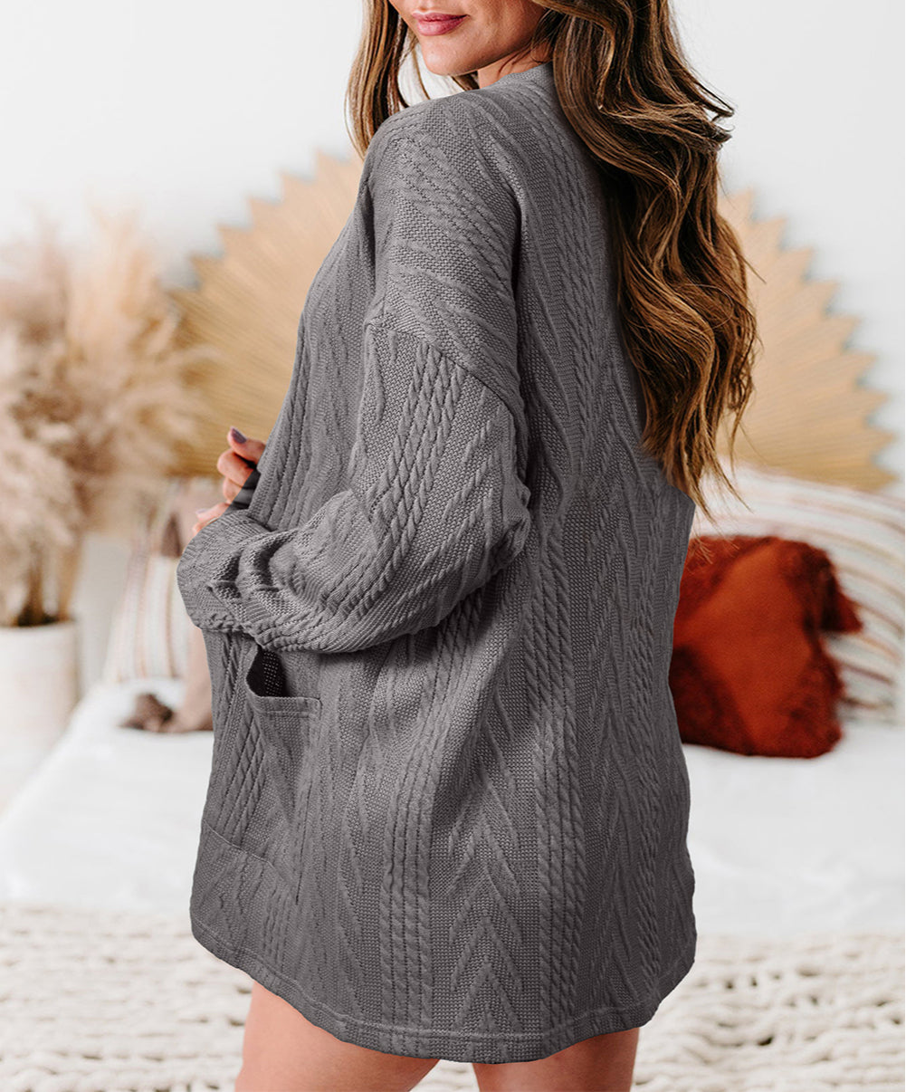 Solid Textured Open Front Cardigan with Pocket