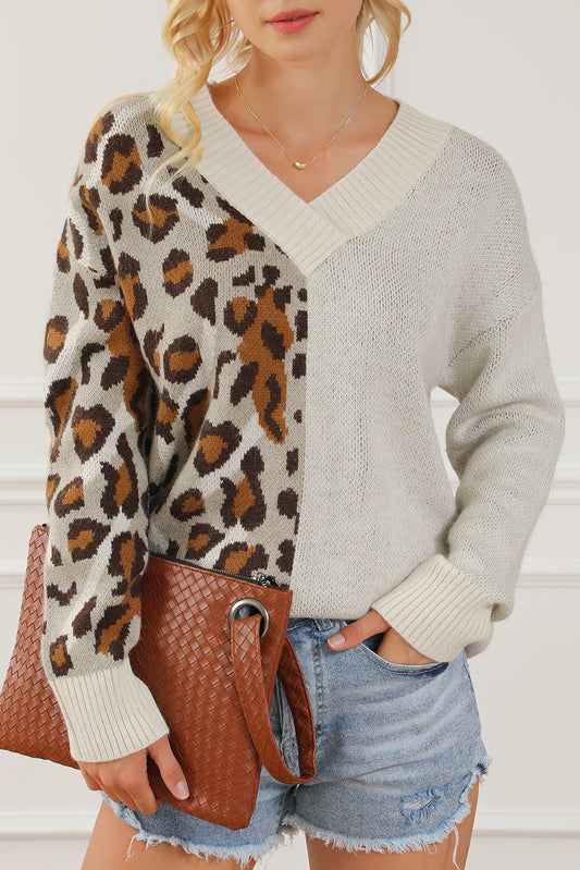 Color Block V Neck Drop Shoulder Knit Sweater