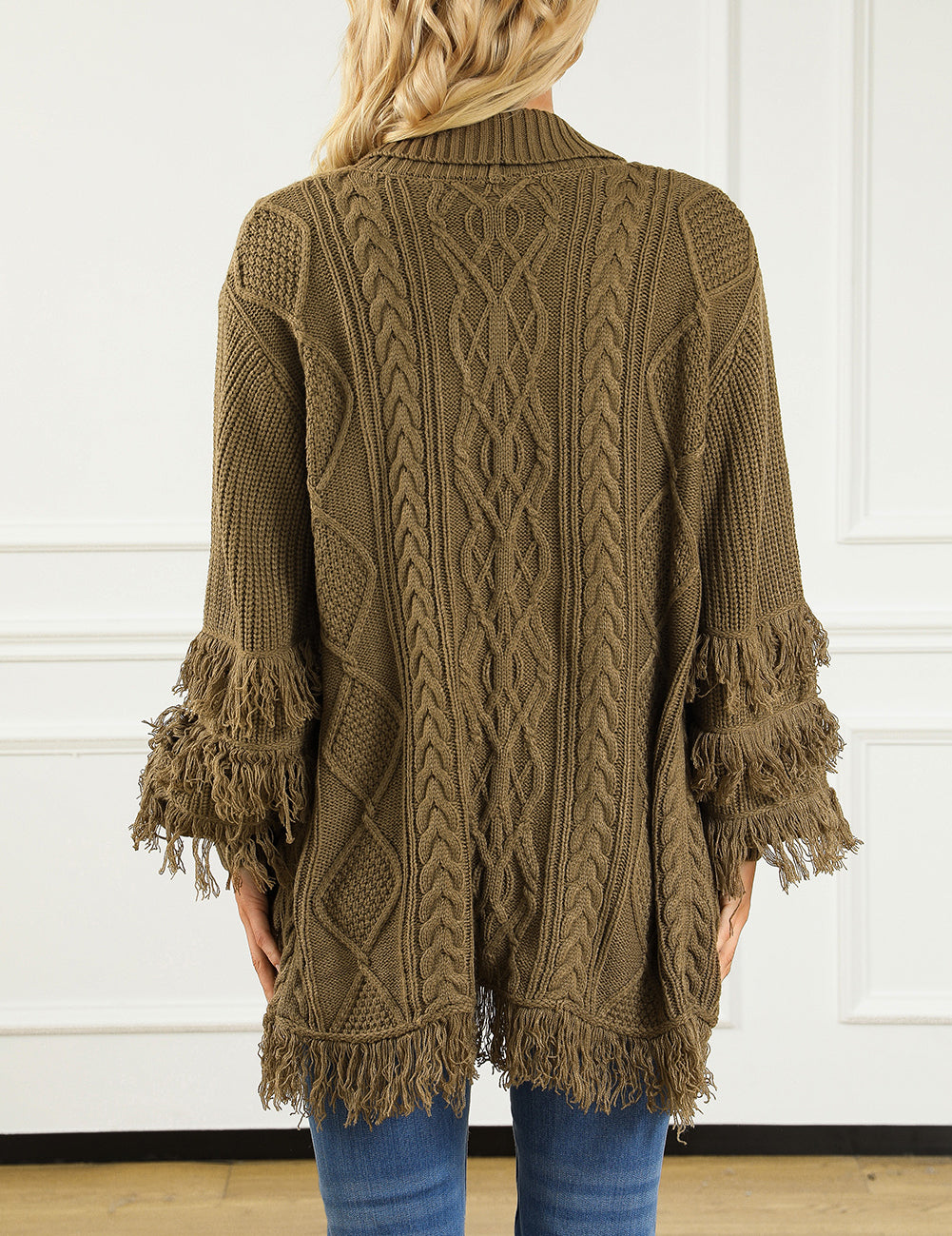 Fringe Trim Cable Knit Open Cardigan
