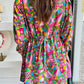 Abstract Printed Lantern Sleeve Buttoned Mini Dress