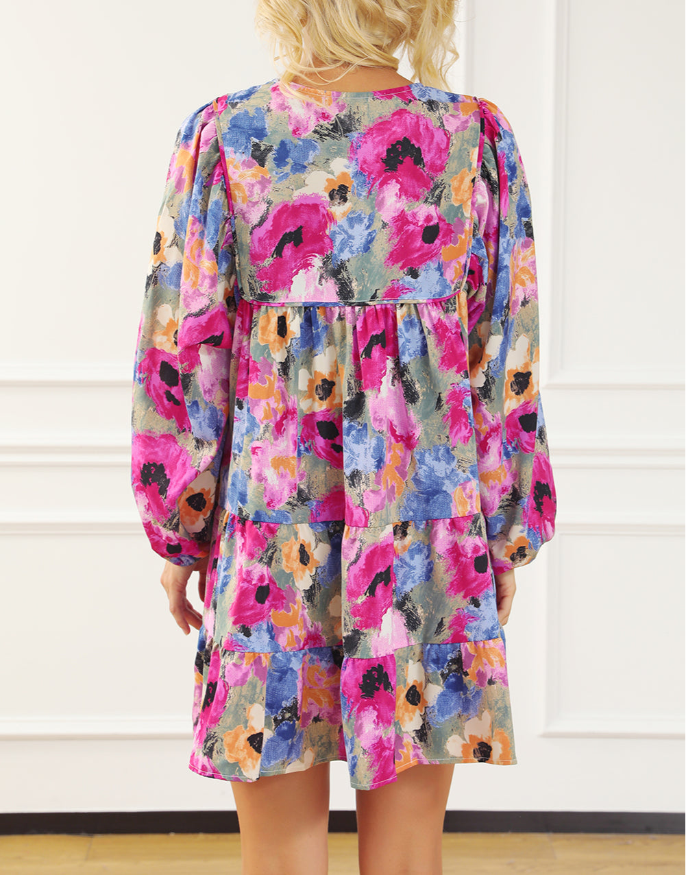 Floral Tie Neck Bubble Sleeve Shift Dress