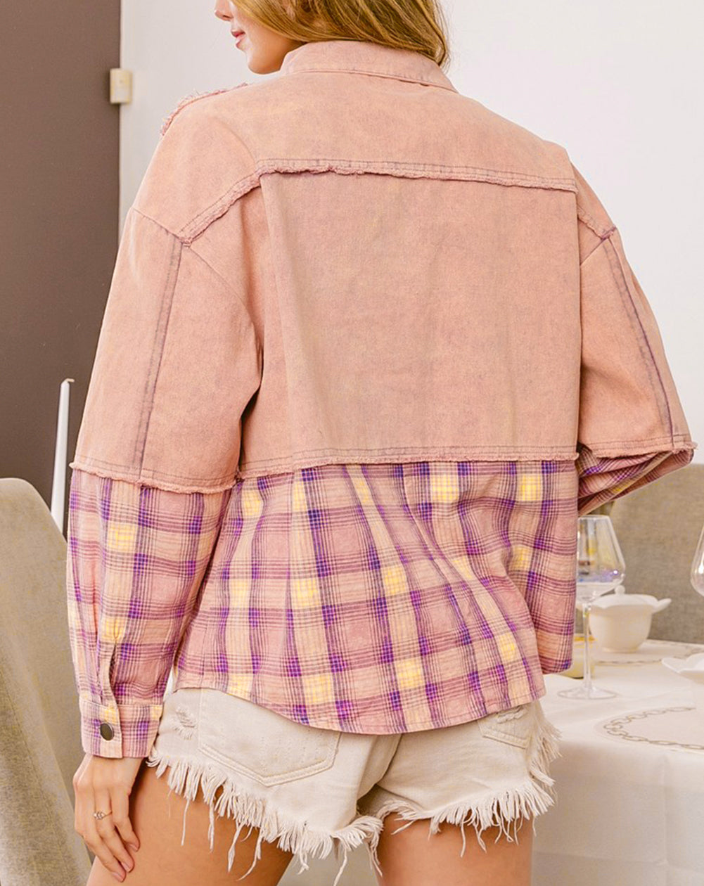 Frayed Patchwork Plaid Contrast Jacket