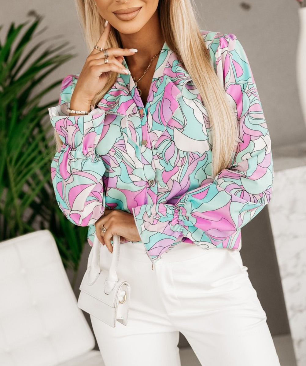 Floral Printed Ruffle Lapel V Neck Shirt