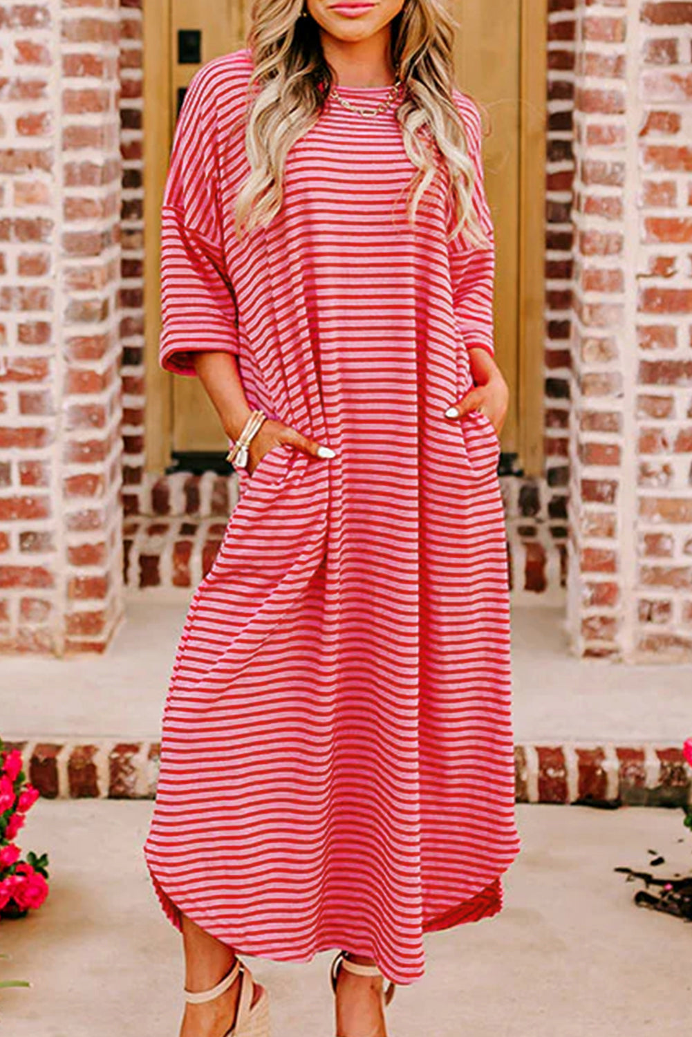 Striped 3/4 Sleeve Round Hem Shift T Shirt Dress