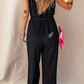 Textured Belted Wide Leg Sleeveless Jumpsuit