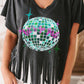 Sequined Disco Ball Fringed V Neck T Shirt