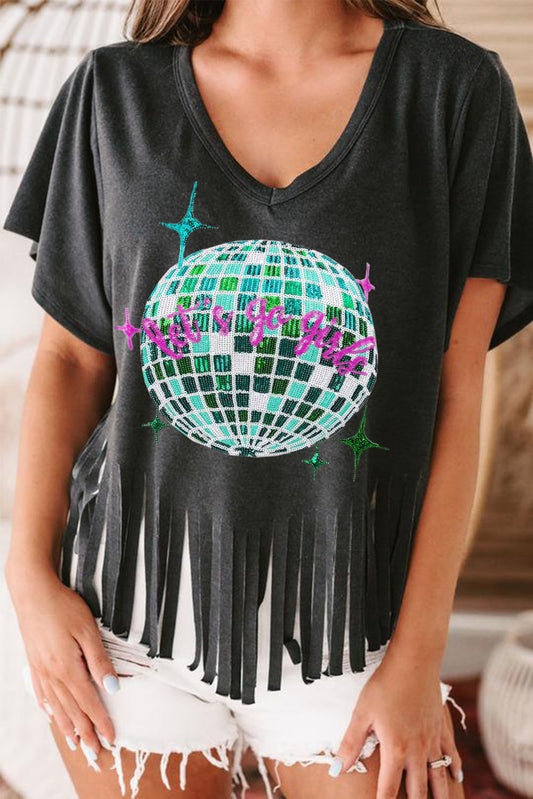 Sequined Disco Ball Fringed V Neck T Shirt