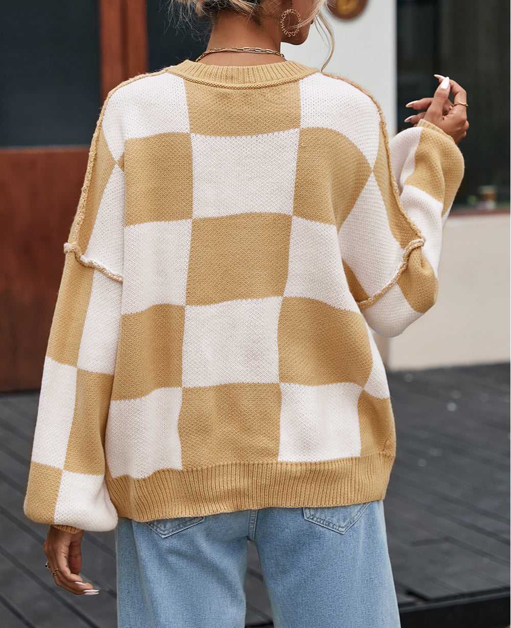 Stripe Checkered Bishop Sleeve Sweater