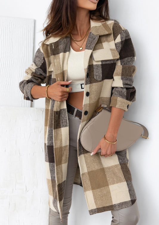 Tan Plaid Button-Down Flap Pocket Long Shacket