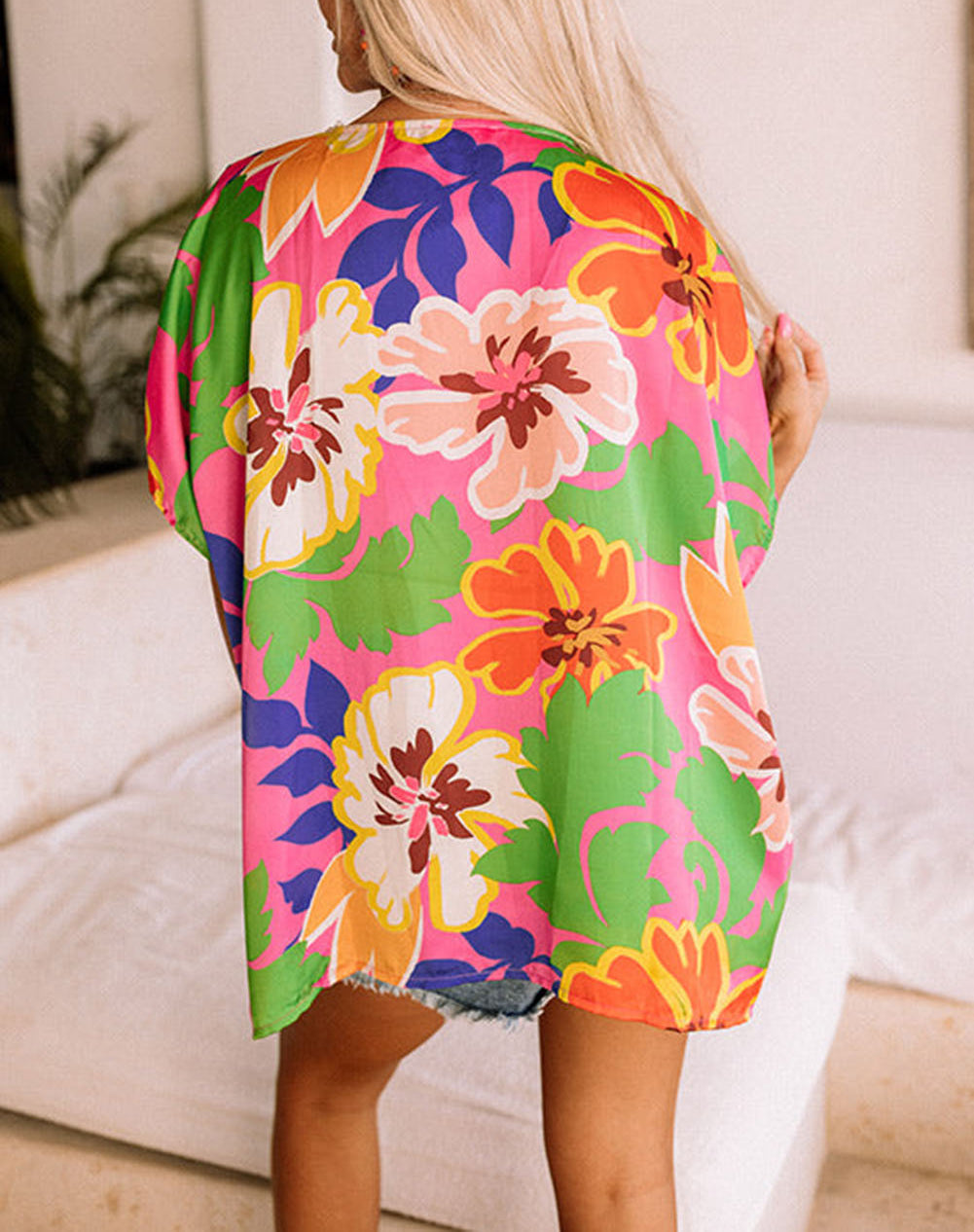 Floral Print Loose Fit V Neck Tunic Blouse