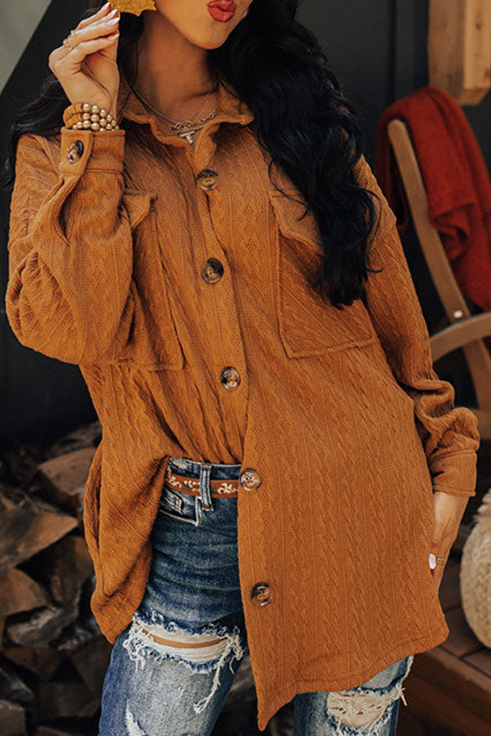 Textured Knit Oversize Flap Pocket Shacket