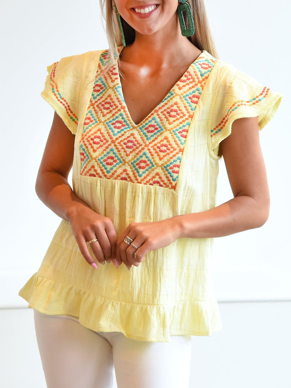 Geometric Embroidery Textured Top with Ruffles