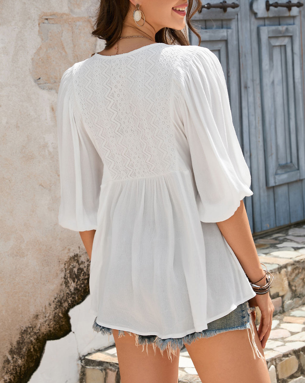 Lace V-Neck Bracelet Sleeve Ruffle Blouse