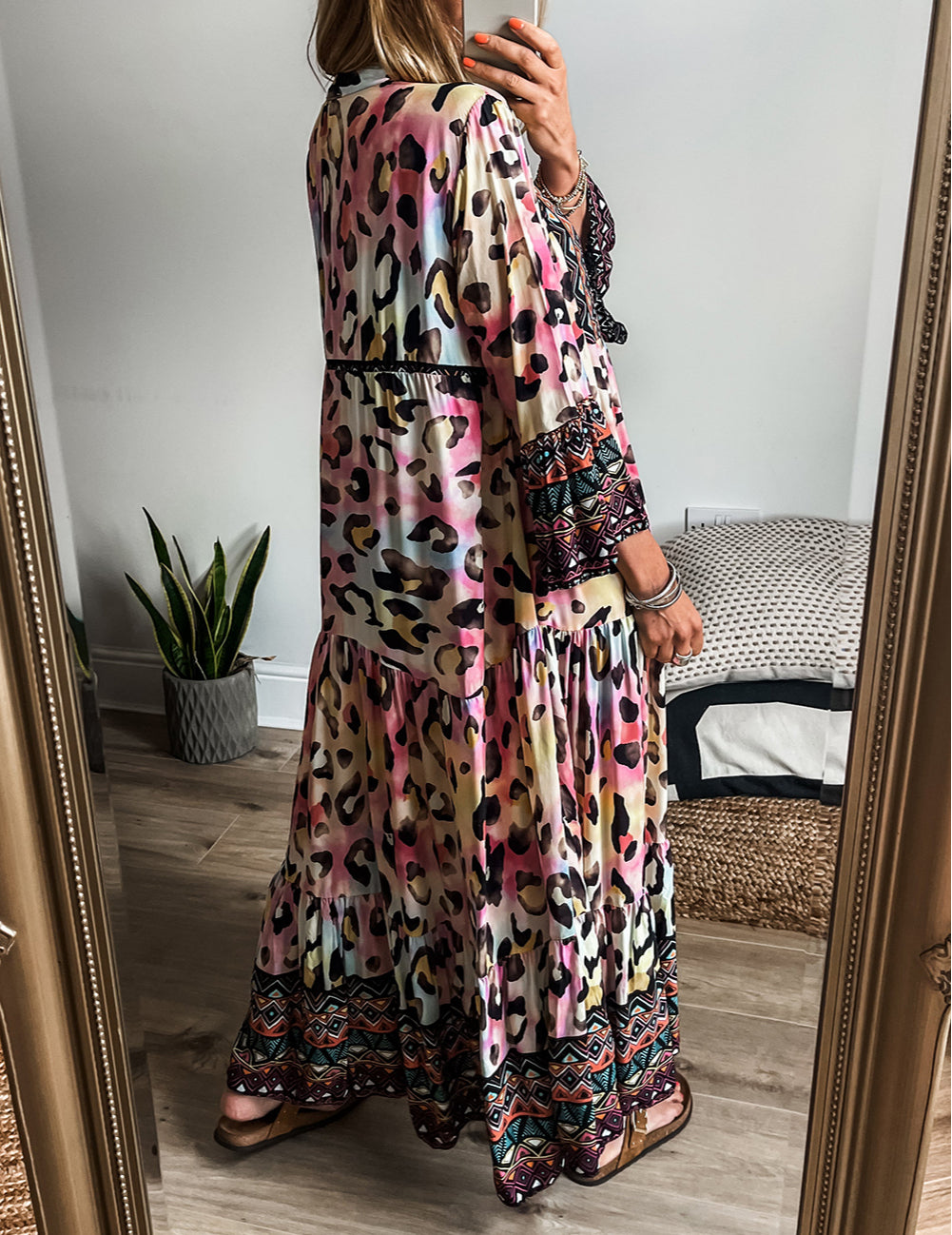 Western Leopard Printed 3/4 Sleeve Buttoned Front Tiered Maxi Dress