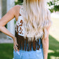 White Cow Printed Fringe Hem Tank Top