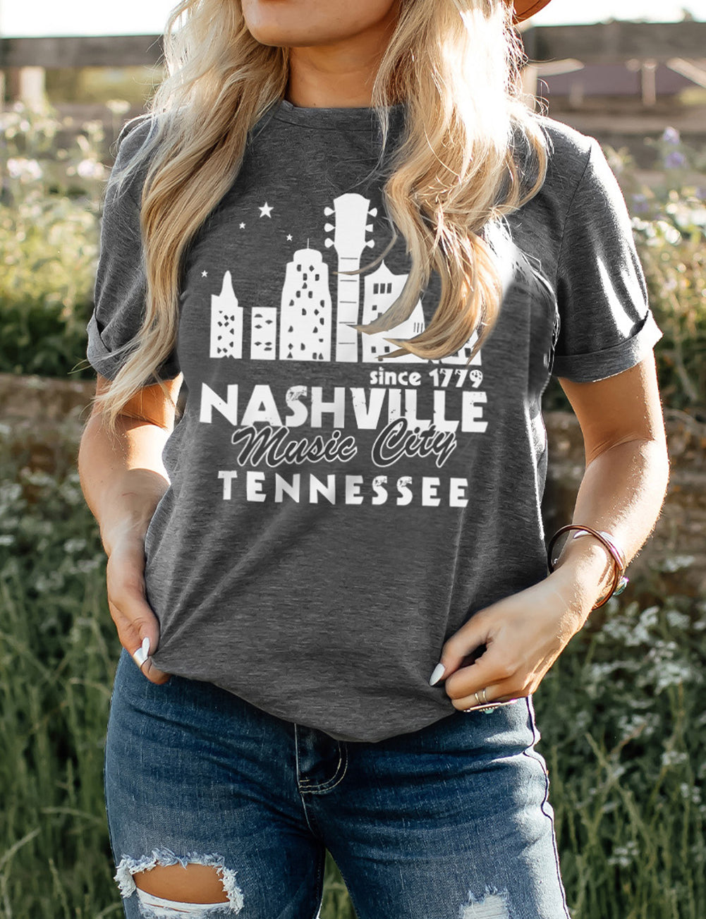Gray NASHVILLE Music City Graphic Print T Shirt