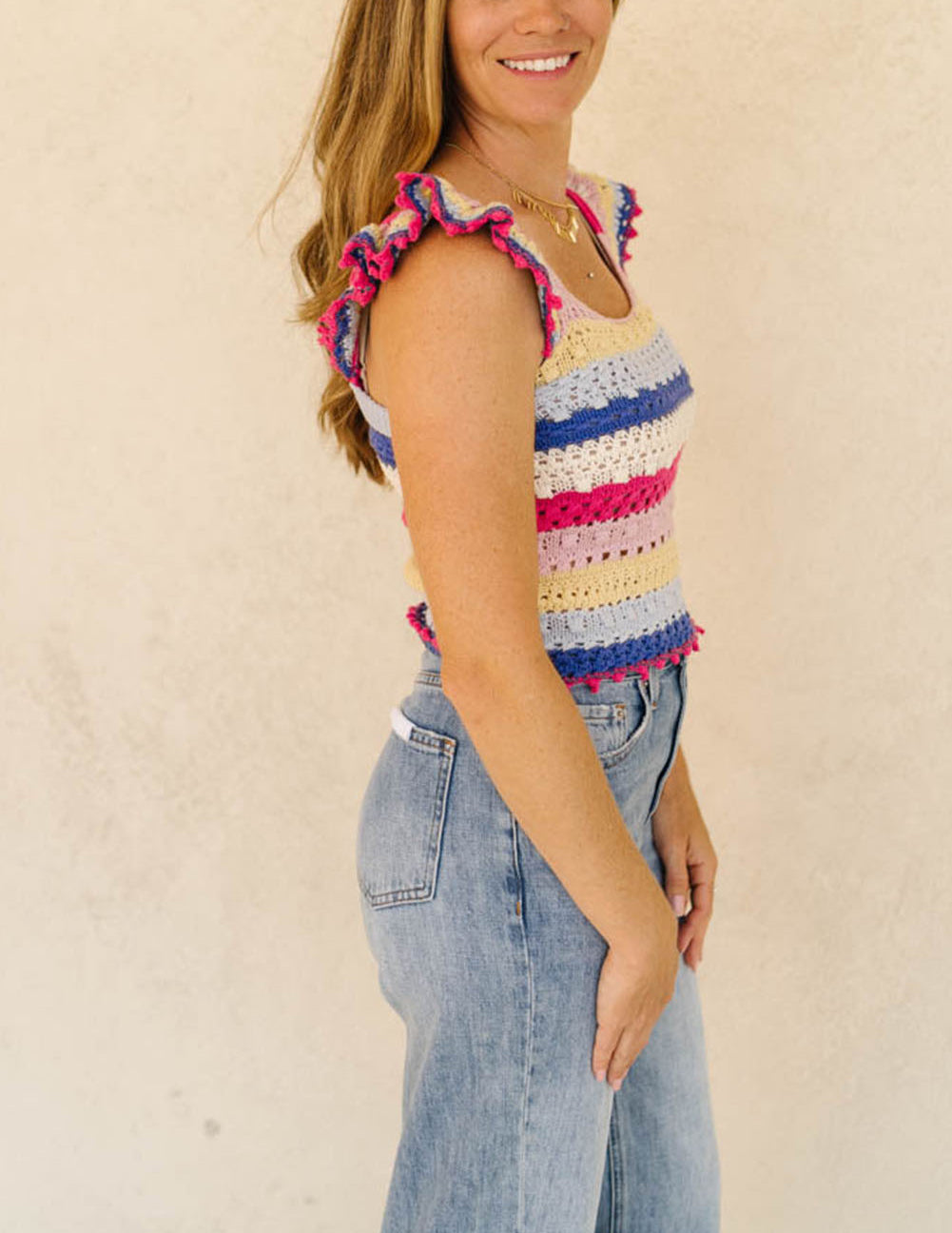Stripe Square Neck Crochet Knit Crop Tank Top