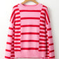 Stripe Bubble Sleeve Drop Shoulder Ribbed Trim Sweater