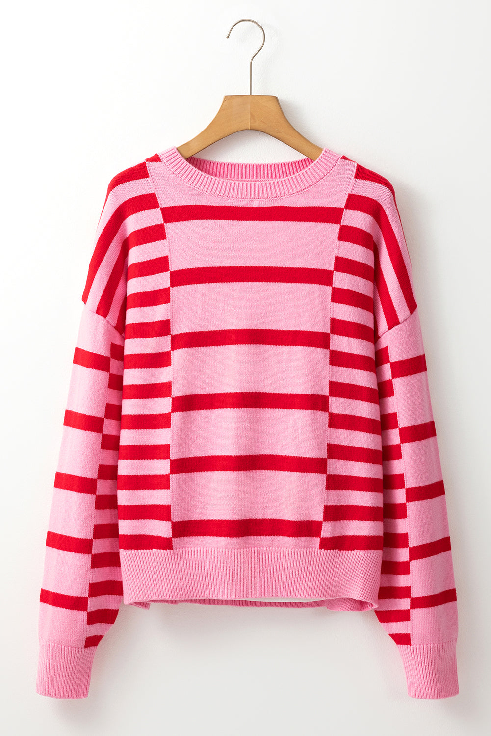 Stripe Bubble Sleeve Drop Shoulder Ribbed Trim Sweater