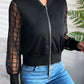 Latticed Mesh Sleeve Zip Up Bomber Jacket