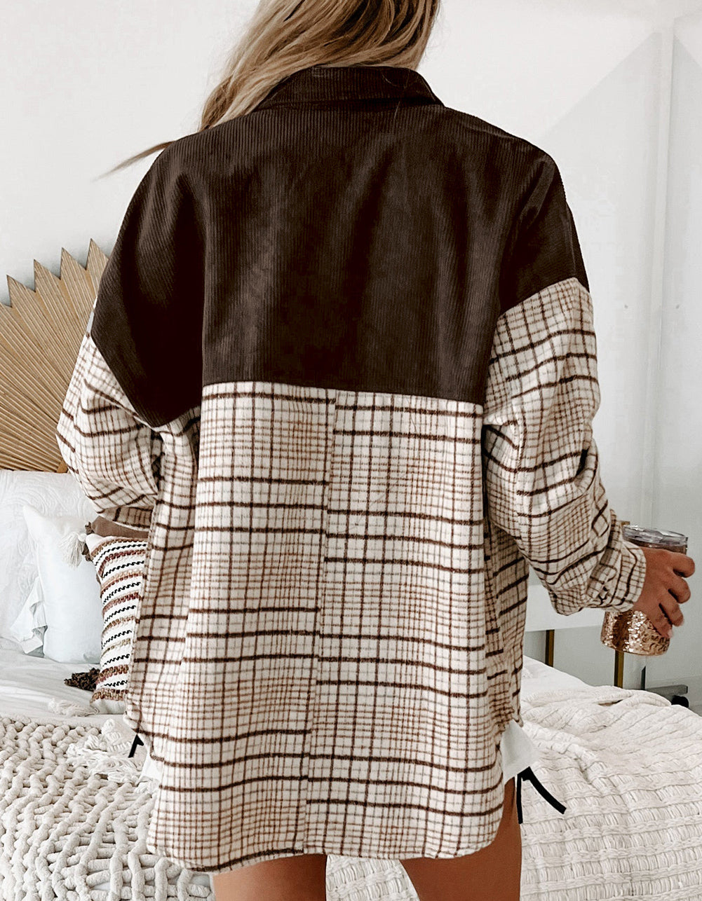 Plaid Patchwork Button-up Shift Shirt Jacket