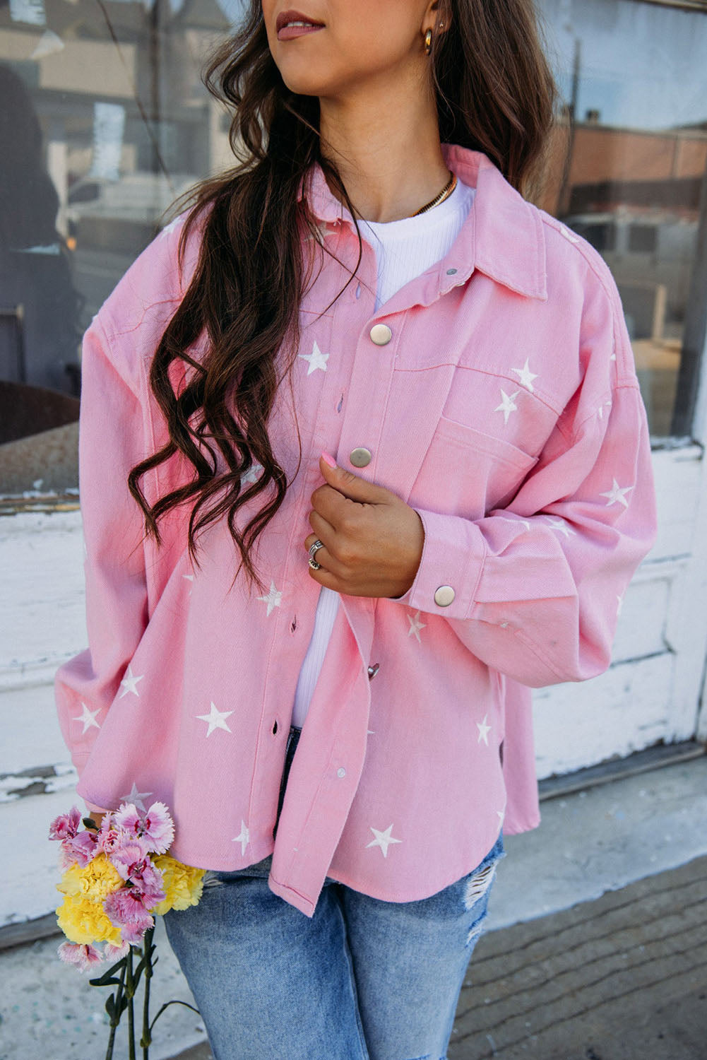 Pink Star Print Button Denim Jacket