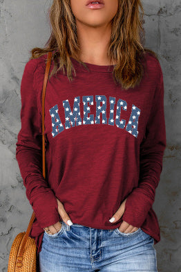 Starry America Print Thumbhole Long Sleeve Top