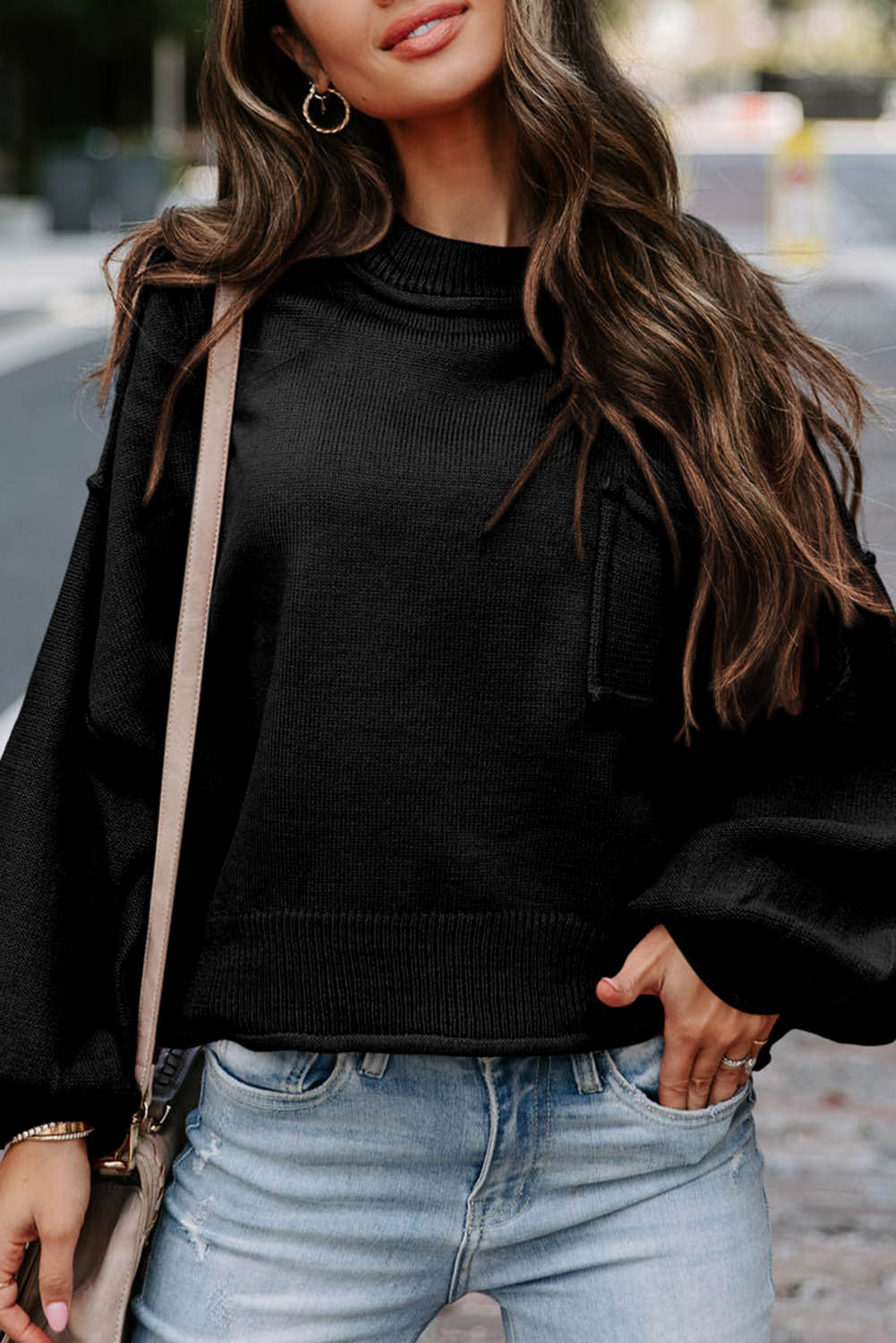 Raw Edge Patch Pocket Exposed Seam Loose Sweater