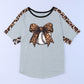 Leopard Bowknot Baseball Graphic Contrast Crewneck Tee