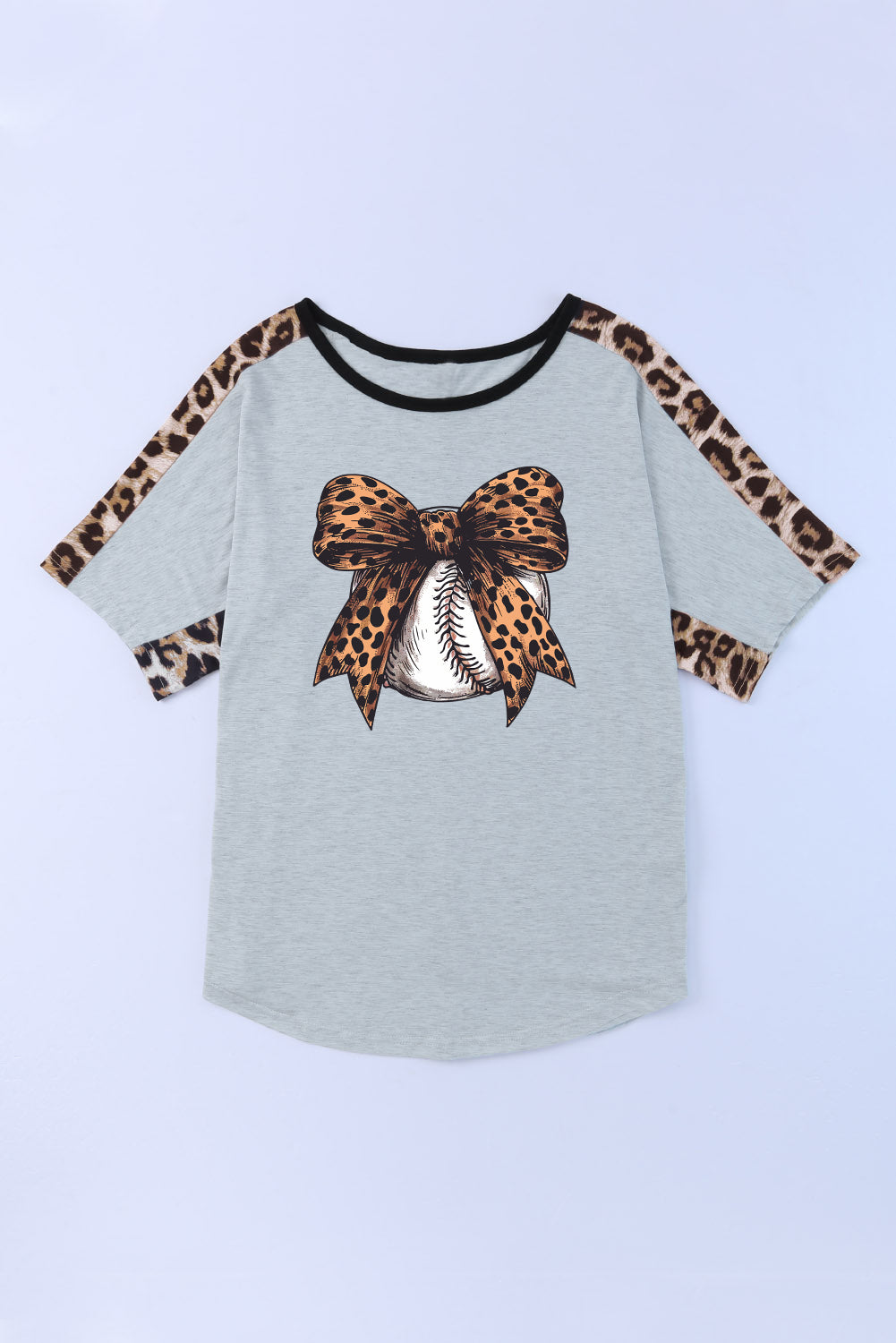 Leopard Bowknot Baseball Graphic Contrast Crewneck Tee