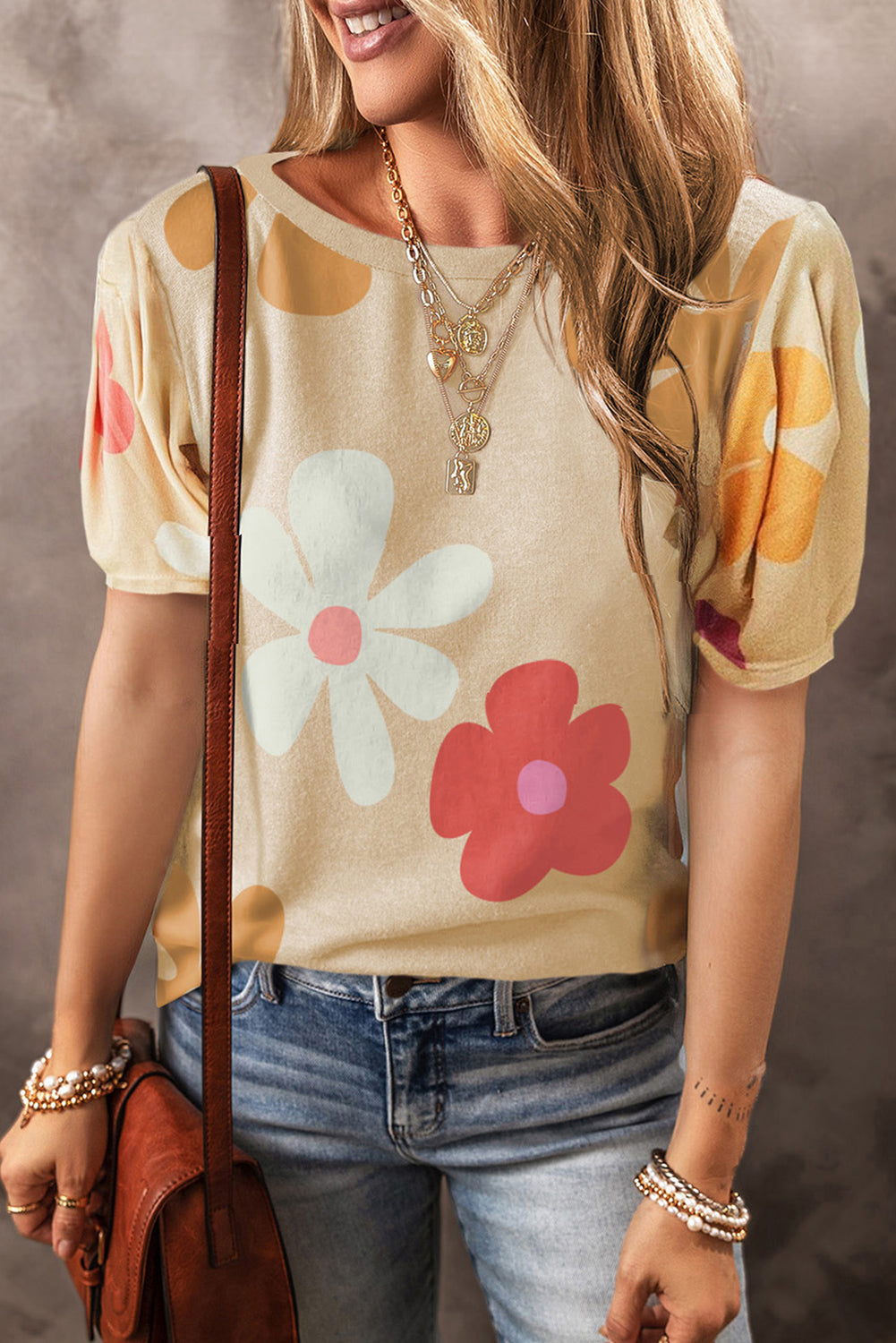 Flower Print Bubble Sleeve Tee