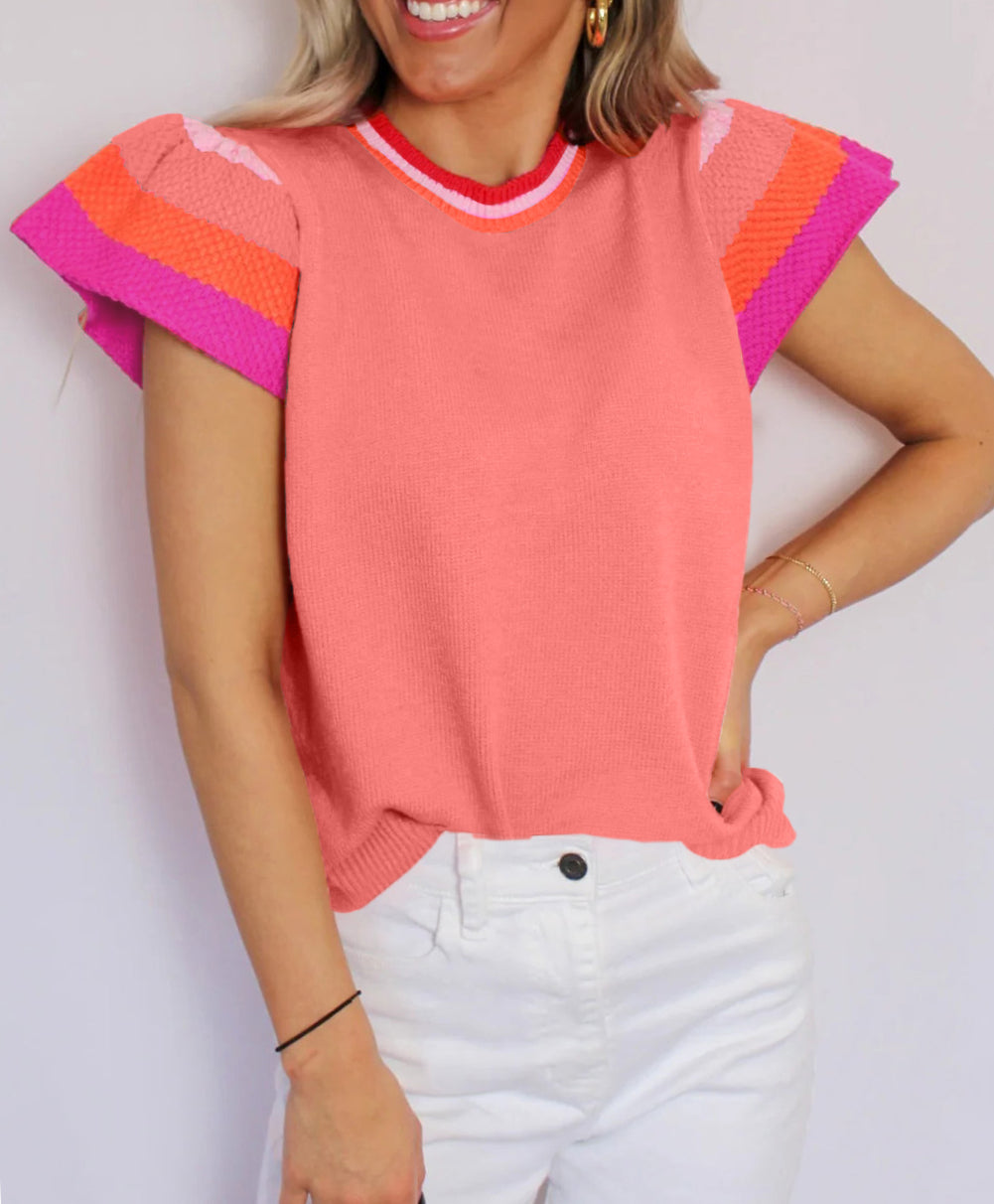 Contrast Flutter Sleeves Knitted Sweater T Shirt