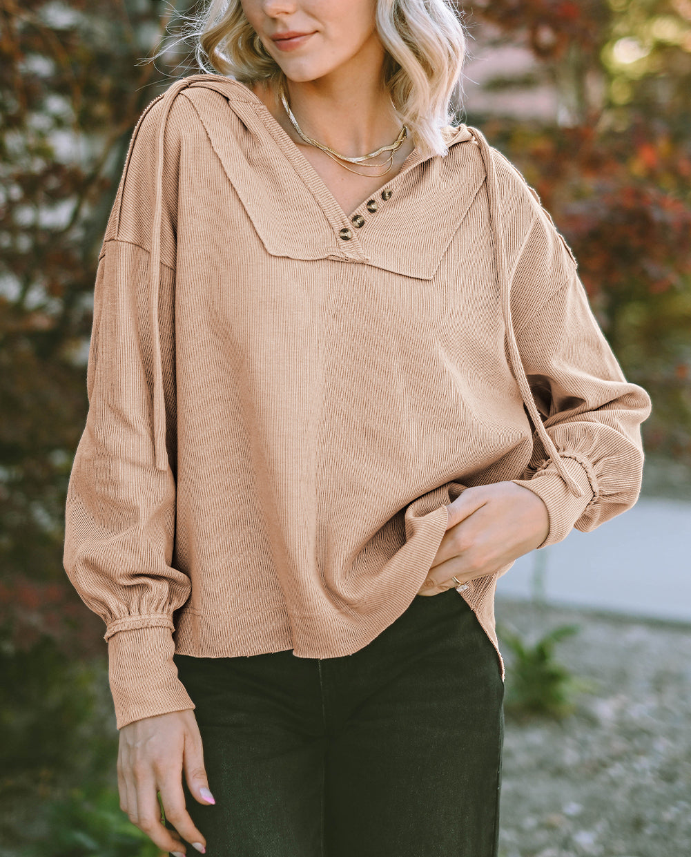 Buttoned V Neck Drawstring Knit Hoodie