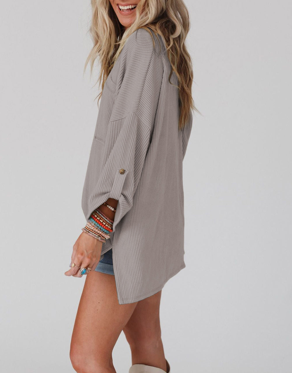 Ribbed Roll-tab Sleeve Chest Pocket Oversize Top
