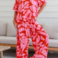 Abstract Palm Printed Ruffled Top and Wide Leg Pants Set