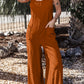 Spaghetti Straps Waist Tie Wide Leg Jumpsuit with Pockets