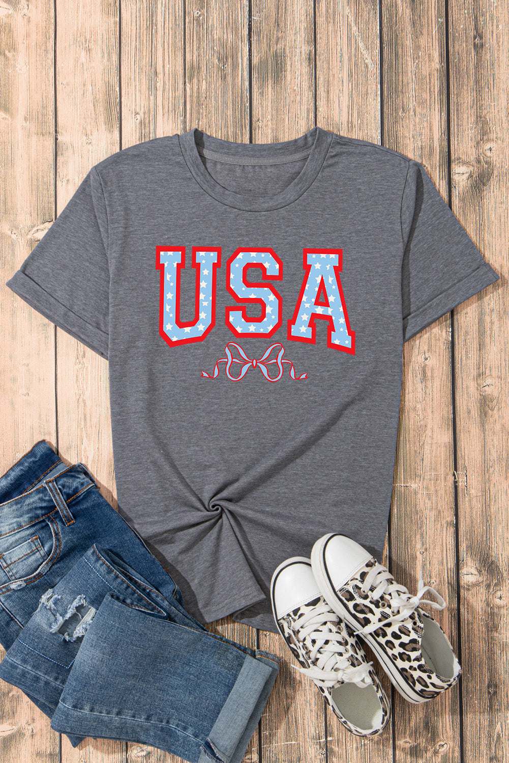 USA Star Bow Knot Print Crew Neck T Shirt