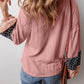 Floral Patchwork Textured Knit Drawstring V Neck Blouse