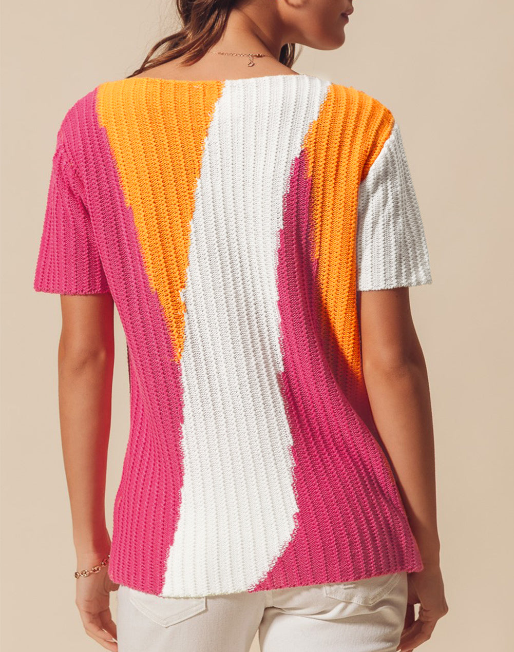 Textured Knit Colorblock Short Sleeve Sweater