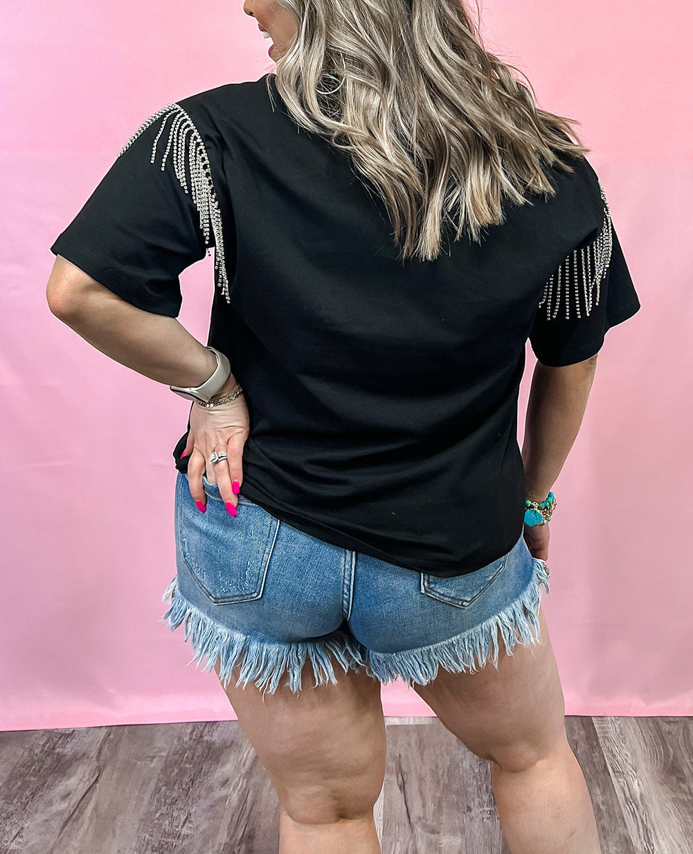 Black Plus Size Short Sleeve Fringe Knit T-Shirt