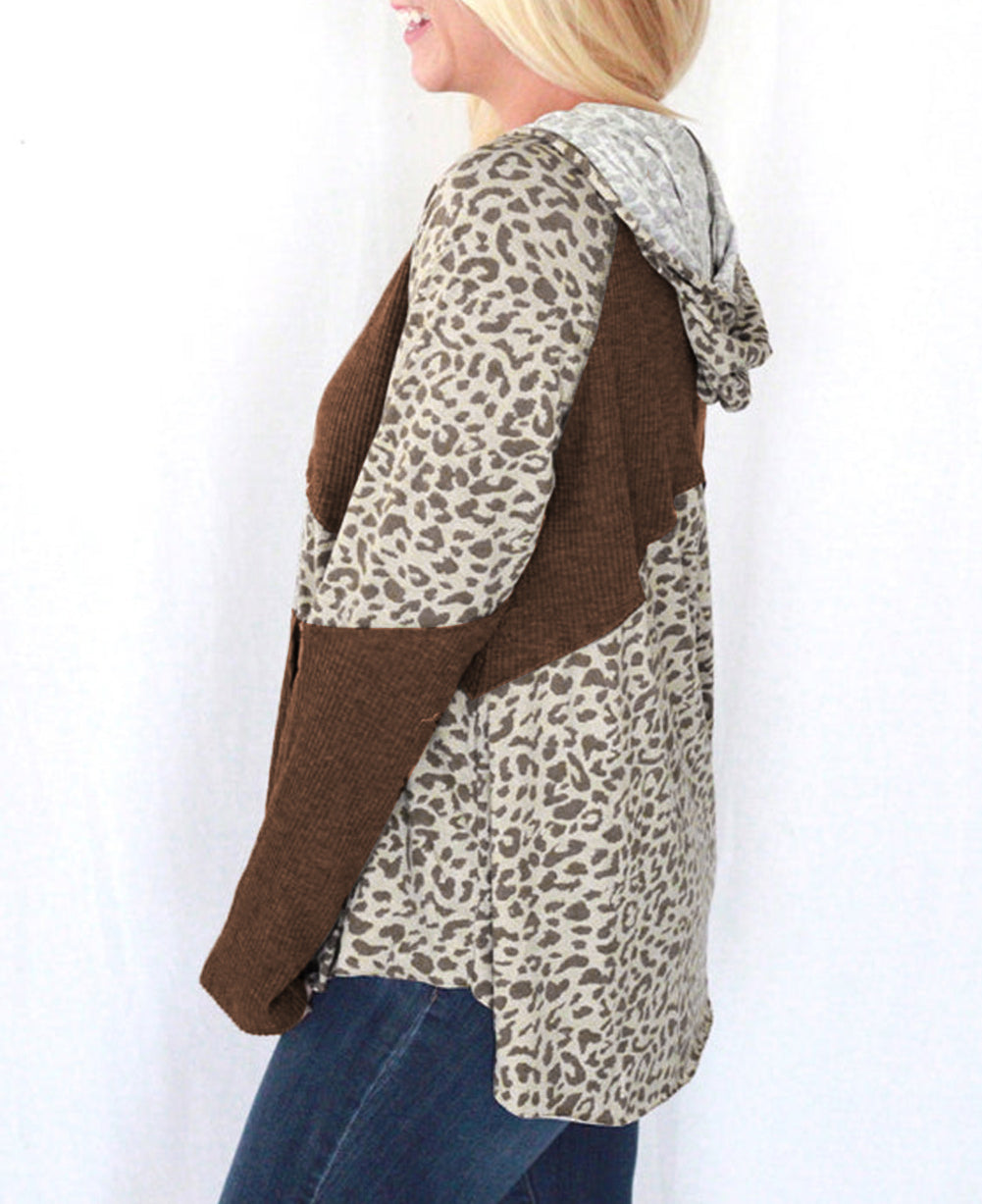 Leopard Print Ribbed Patchwork Buttoned Hoodie