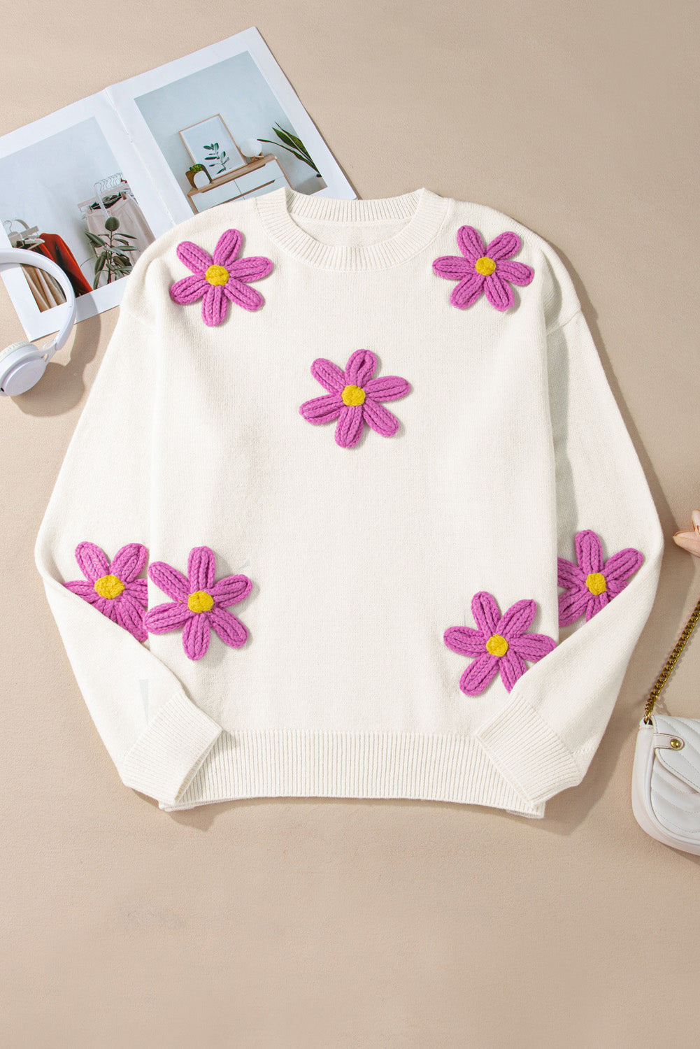 Plus Size Flower Crochet Drop Shoulder Knit Sweater